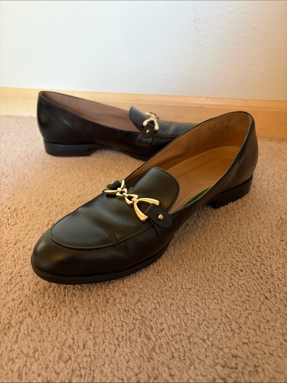Naturalizer Black Leather Slip-On Loafers - Gold Hardware